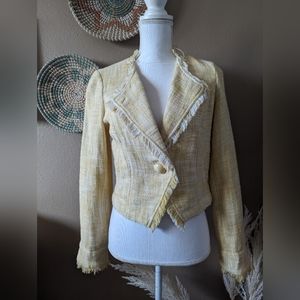 CAbi Yellow White Tweed Raw Hem Long Sleeves Cropped Jacket